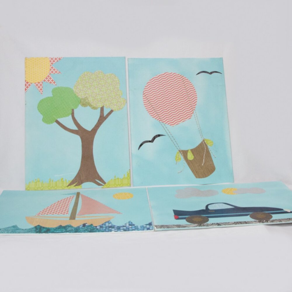 Set Of 4 Handmade Art On Canvas Collage Children Nursery Room Decor 16" by 12"